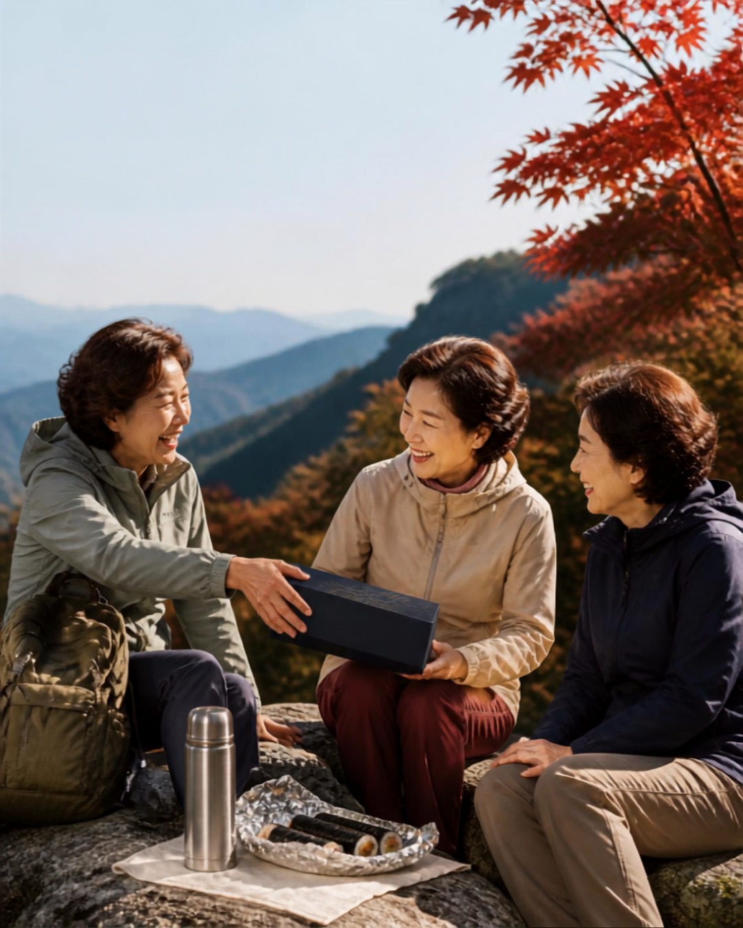 단풍 든 산 능선 쉼터에서 배낭에서 꺼낸 상자를 건네는 60대 여성들