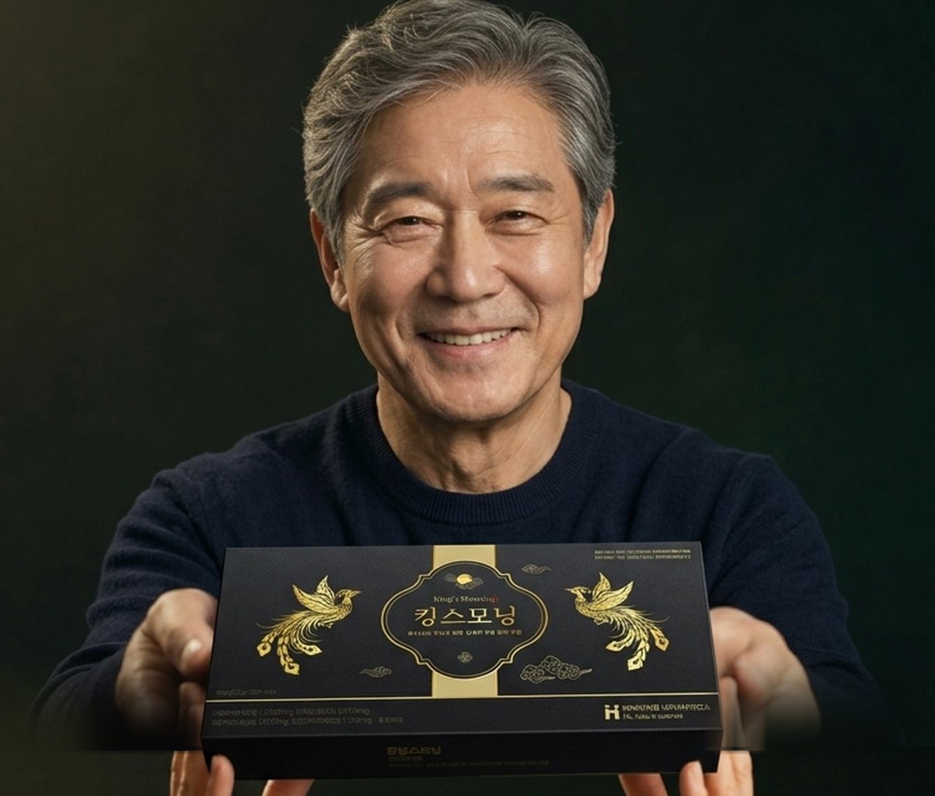 웃으며 제품 상자를 건네는 60대 남성