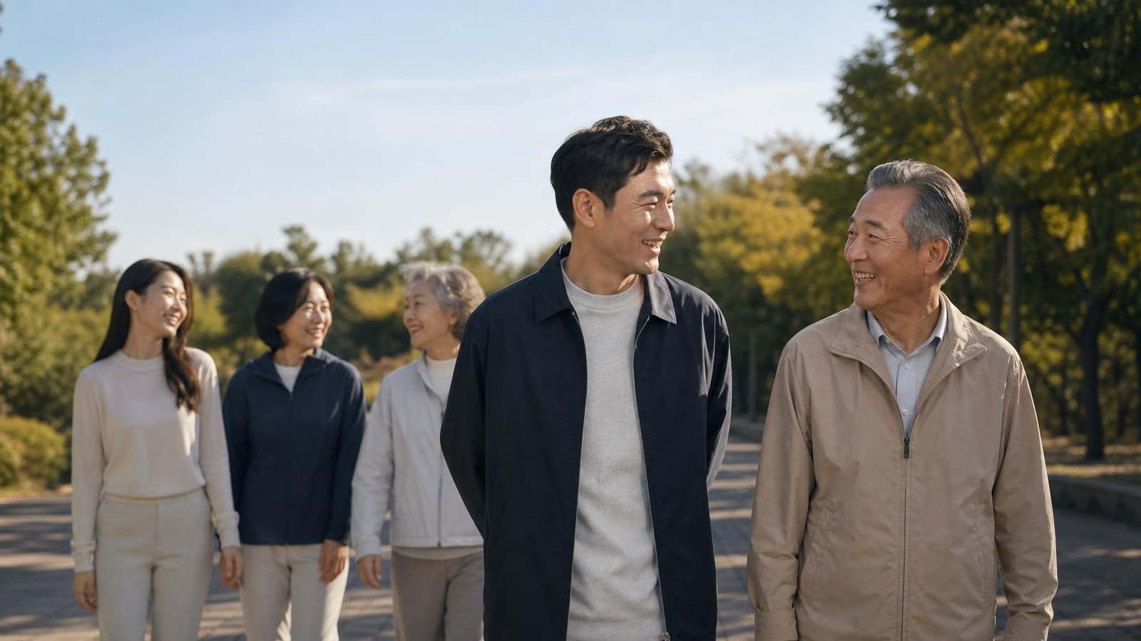 아침 공원 산책길에서 서로 이야기하며 웃는 다섯 사람 — 연출된 장면